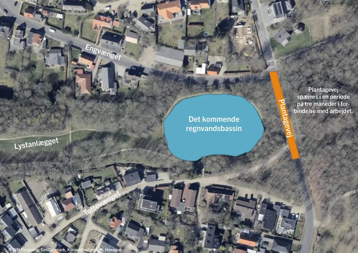 Kort over det kommende regnvandsbassin i Lystanlægget og spærringen af Plantagevej mellem Engvænget og Toftvænget